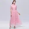 Elegante vestido de encaje bordado transfronterizo con cuello, mangas cortas, corte ajustado, ceñido a la cintura, falda en línea A adelgazante con cinturón
