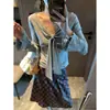 Mochie Outono Novo Estilo Estilo Coreano Renda Patchwork Gravata Borboleta Amarração Decote V Manga Longa Camiseta Top MQ1615