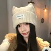 Bonito Gorro de Punto con Orejas de Gato para Mujer, Otoño e Invierno, Circunferencia de Cabeza Grande, Cálido, Versátil, Adelgazante de Rostro, Gorro Protector de Orejas, Gorro para Clima Frío
