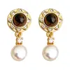 Pendientes de Perla de Agua Dulce, Piedra Natural y Circonita Estilo Vintage Mediados de Siglo Moda Retro Francesa Pendientes de Alta Gama para Mujer