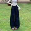 Jeans de Mezclilla de Pierna Ancha para Mujer, Nuevos Pantalones de Cintura Alta Sueltos Adelgazantes Azul Oscuro de Pierna Recta hasta el Piso
