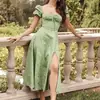 2026 Amazon Sitio Independiente Ropa Europea y Americana para Mujer Nuevo Floral Cuello Cuadrado Sexy Abertura Dobladillo Amplio Vestido de Primavera para Mujer