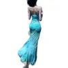 Deslumbrante Vestido Cauda de Peixe Flor de Lótus Estilo Francês, Sexy e Puro, Realça Sua Figura, Vestido Longo com Alças Finas Estampado Floral para o Verão