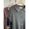 Camiseta tipo Polo de Hombro Recto de Seda de Hielo Gris para Mujer 2026 Nuevo Cardigan de Verano de Manga Corta Top Corto de Punto