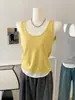 Camisola Anti-Exposição Falsa de Duas Peças para Mulheres, Verão 2026, Estilo de Luxo, Color Blocking Simples, Top Sem Mangas