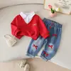Conjunto de Top com Patchwork de Lapela Texturizada de Primavera 2026 + Calça Jeans Bordada com Laço