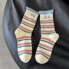 Calcetines de Rayas y Bloques de Color de Longitud Media para Mujer, Estilo Ins de Otoño Temprano, Etiqueta de Tela con Letras, Empalmados, Falsos de Dos Piezas, Estilo Holgado