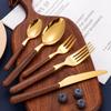 Vajilla de acero inoxidable estilo ins con mango de madera de imitación, cuchillo y tenedor para carne, juego de cuatro piezas, cuchillo y tenedor con veta de madera, cuchara chapada en oro para hotel.