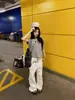 Camiseta de Manga Corta con Estampado Integral de Puntos y Letras Inspirada en Celebridades Estilo Coreano para Mujer, Top Trendy Ajustado de Verano