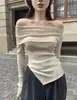 Blusa de tricô ombro a ombro para mulheres, novo design outono 2026, justa, fina, base irregular