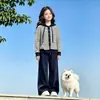 Conjunto Doce Estilo Coreano Primavera e Outono Novo Moda Preguiçosa Cardigã Listrado com Capuz Manga Longa Calça Casual Conjunto de Duas Peças