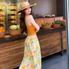 Meia-saia Floral Amarelo Dopamina, Estilo Coreano de Verão, Color Blocking Fresco, Cintura Alta, Emagrecedora, Saia Evasê com Amarração para Férias para Mulheres