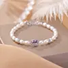 Pulseira Prata S925 Banhada a Platina com Pingente de Veado, Pérola de Água Doce, Ametista e Cabaça Inlaid, Design Simples e Elegante