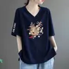 Camiseta Artística Slimming de Gola V com Manga Curta e Estampa Vintage de Leque para Mulheres - Comércio Exterior Transfronteiriço - Tendência Mãe