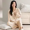 Estilo Nuevo de Primavera y Otoño Cómodos Pajamas de Algodón Puro Amigables con la Piel para Mujer Manga Larga Cárdigan de Moda Sencillo Ropa de Casa Se Puede Usar Afuera Conjunto