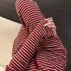 Pijama Retrô Francês de Listras Vermelhas e Brancas para Mulheres, Cardigã de Outono com Decote V, Mangas Longas, Calças Longas, Conjunto Slim para Casa, Pode Ser Usado ao Ar Livre