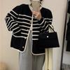 Cardigan Tricotado Listrado Moda Chic da Coreia do Sul Feminino Outono e Inverno Novo Estilo Preguiçoso Solto Roupa Externa Suéter Gola Redonda Jaqueta