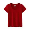 Camiseta feminina com gola U, 230g de fio de elastano, 92% algodão, 8% elastano, camisa base versátil casual para o verão, pode ser impressa ou bordada