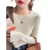Camiseta básica de punto de color liso para mujer, corte ajustado, nuevo estilo primavera y otoño 2025, suéter elegante de cuello redondo, top de manga larga para usar en capas o como prenda exterior