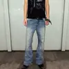 Jeans rectos de pierna acampanada para hombre, con bordado de rosa azul lavado, corte limpio, modernos, elegantes, corte ajustado