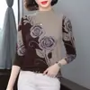 Moderna Camisa Básica de Manga Larga con Estampado de Plantas y Cuello Medio Alto para Mujer, Elegante y Rejuvenecedora, Top Adelgazante para Madres de Mediana Edad