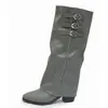 Botas de perna de calça bico fino salto escondido transfronteiriças femininas fivela de cinto cor sólida não acima do joelho emagrecedoras botas longas salto plataforma botas de equitação femininas