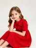 Moda Verano Niñas Cuello Redondo Manga Corta Color Sólido Lazo Perlas Elegante Vestido de Fiesta Ropa Infantil Venta al por Mayor
