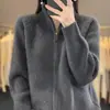 Cardigan de Lã com Zíper e Gola Alta Meia-altura Feminino Espessado Versátil Top Solto Casual Tricô de Lã Casaco