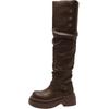 Botas Longas de Couro Marrom Estilo Britânico com Solado Grosso para Mulheres, Novo Modelo de Inverno, Botas Arredondadas Acima do Joelho com Salto Grosso, Botas de Equitação de Cano Alto Vintage