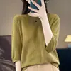 Lã cardada fina feminina gola redonda cor sólida jacquard meia manga solta casual para o trabalho primavera e verão malha meia manga