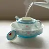 Tetera Creativa y Exquisita de Loto Azul Degradado Pintada a Mano con Asa de Jade, Diseñada para Mujeres, Tetera Individual