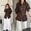Camisa de Manga Larga con Cuello Solapa, Botones, Estilo Coreano Retro Otoño/Primavera, Holgada, Cuadros, Parches de Retazos con Volantes, con Cinturón