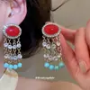 Aretes de Borla de Piedra Ovalada de Resina Tachonada con Agujas Plateadas, Diseño Vintage, Aretes de Nicho