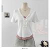 Suéter de Punto Dulce con Encaje, Cuello en V, Color en Contraste, Manga Corta, para Mujer, Verano, Nuevo, Reductor de Edad, Lazo, Adelgazante