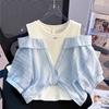 Camisa Feminina Estilosa de Corte Amplo, Novo Estilo 2025 para Crianças Maiores, Top Estiloso Ombro a Ombro, Blusa Falsa de Duas Peças