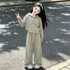 Conjunto Deportivo Rosa Sencillo para Niña Nueva Colección Primavera y Otoño Estilo Coreano para Niños Sudadera con Capucha Pantalones de Pierna Ancha Conjunto de Dos Piezas