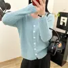 Chaqueta tipo cárdigan de punto con cuello en V en color azul lago para mujer, otoño e invierno, de alta gama, corte entallado y pequeño.