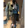 Moque Otoño Nuevo Retro Americano Bloque de Color Parche de Cuero PU Patchwork Cuello Suelto Chaqueta de Mezclilla MQ1802