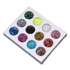 Arte de Uñas Polvo Láser con Purpurina Polvo Brillante Lentejuelas Rombos Redondos Terciopelo Tallado Lámina Dorada Plateada Flores Secas Set de 12 Colores Decoraciones