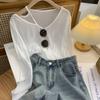 Playera de Manga Larga de Seda Helada con Hombros Descubiertos para Mujer, Verano Holgada Estilo Coreano Color Sólido Versátil Adelgazante Cuello en V Tejido Top de Protección Solar con Cuello Barco