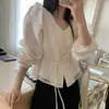 Dongdaemun Coreano Feminino High-End Chique Temperamento Francês Decote V Single-Breasted Bainha Dupla Renda Amarração na Cintura