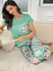 Conjunto Pijama Feminino Malha de Algodão Estampada Gola Redonda Manga Curta Calça Três Quartos Estilo Casual Solto para Casa