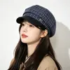 Boina Newsboy Xadrez Preto e Branco Nova para Outono/Inverno 2026 para Mulheres, Boina com Aba de Couro, Estilo Artístico Vintage, Circunferência da Cabeça Grande, Chapéu Octogonal Tendência