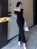 Vestido Longo Bodycon 2026 Estilo Férias Nicho Cotidiano Ombro a Ombro Emagrecedor Cintura Marcada Patchwork