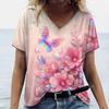 Fornecimento de Fábrica Transfronteiriço Camiseta Feminina Colorida em Formato de Coração Estampada em 3D Blusa com Decote V Roupas de Verão Casuais Confortáveis