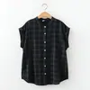 Camisa de Algodón de Gasa de Doble Capa Estilo Japonés, Suave y Cómoda, Manga Raglán para Mujer, Nuevo Top a Cuadros Versátil y Holgado para Mujer