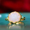 Anel Feminino de Prata Esterlina S925 com Lótus de Jade Branco Natural Hetian Joia Vintage com Estilo Étnico