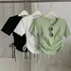 Nova Camiseta de Verão Estilo Coreano com Cordão Gola Redonda Manga Curta Feminina Nicho Slimming Camiseta Básica Meia Manga