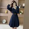 Vestido de otoño transfronterizo 2026 de manga larga con diseño de retazos, con cuello de camisa de dos piezas simulado, adecuado para usar en capas o como prenda exterior, falda de longitud media