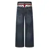 Pantalones Largos de Mezclilla Pierna Ancha Color Natural Retro Americano para Hombre Parche de Bandera Americana en la Cintura Trasera Textura Lavada Vieja Caída Pierna Recta